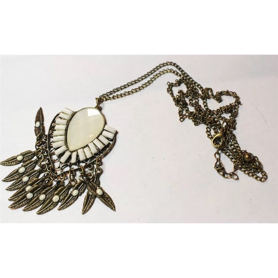 Ivory Gem  & Bronze Tone Feathery Art Deco Revival  pendant statement necklace, Fun Flapper Style Length