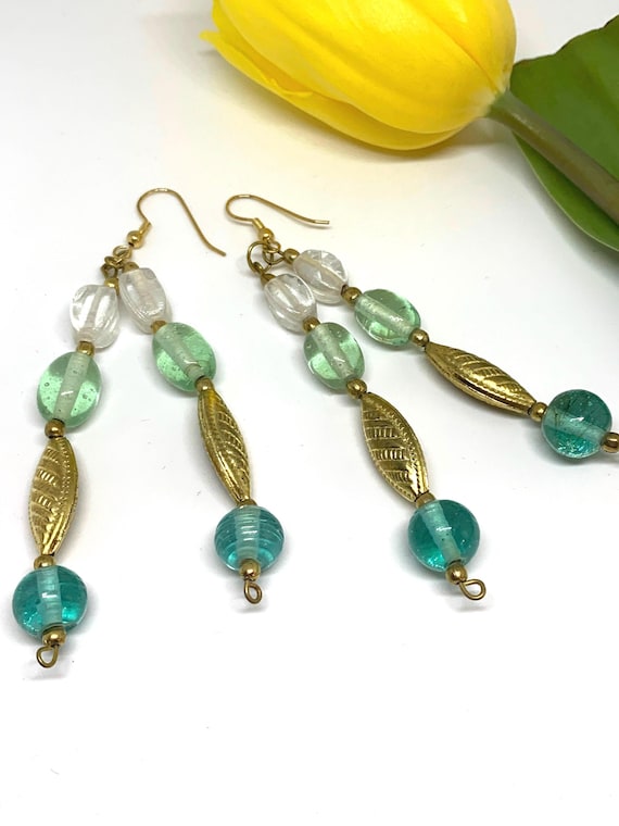 Vintage Boho Beaded Dangle Earrings, Seafoam Art Glass, 4 inch