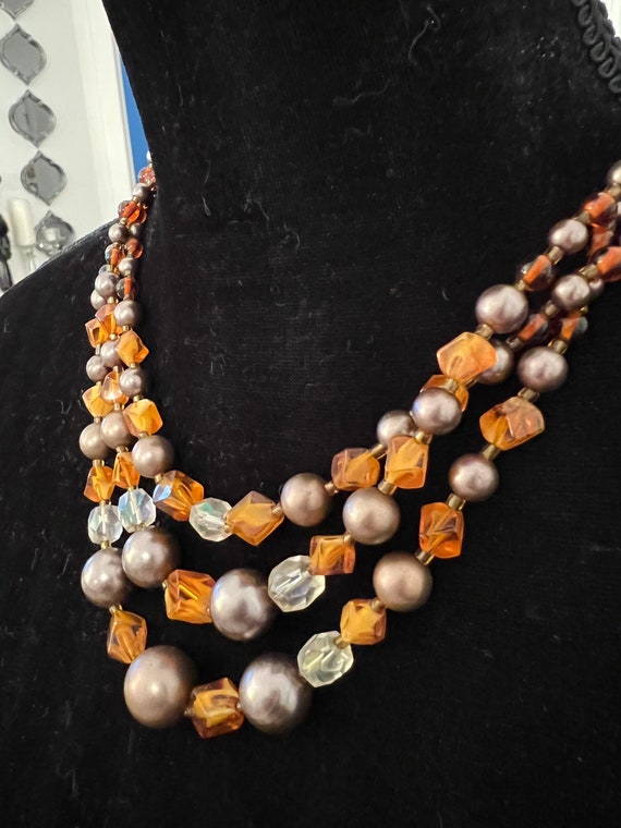 50s Beaded Cocktail Necklace, Warm Autumn Orange Colored Crystals & Bronze Pearl Triple Strand Beads