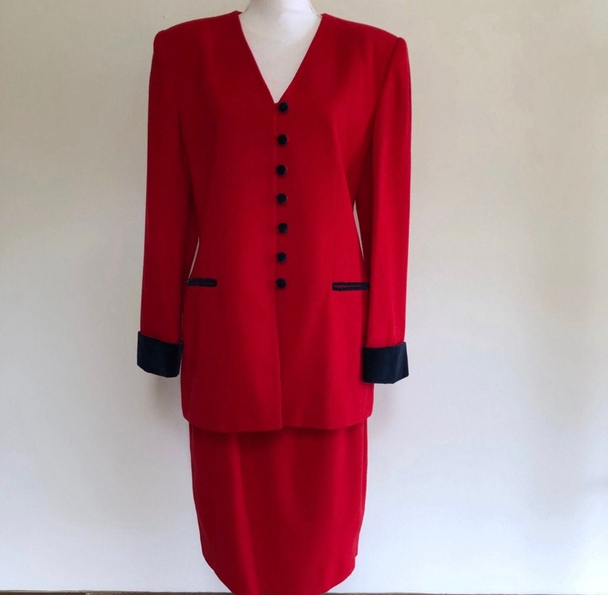 Oleg Cassini Red Skirt Suit with Black Velvet Cuffs, Glamorous Wool ...