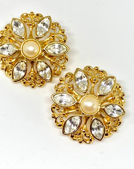AVON Rhinestone & Pearl Statement Earrings, Hollywood Regency Romantic Floral Glamour Jewelry Clip ons, Perfect for Zoom glamour wedding !