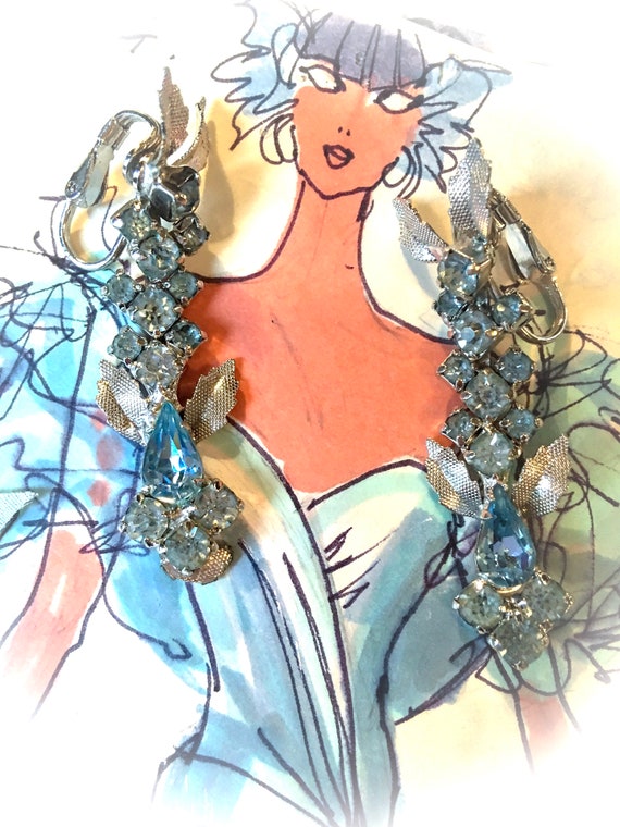 Gorgeous Hollywood Regency Sky Blue Rhinestone  & Glitzy Silvertone Shimmering Long Dangles, Sexy Mad Men Date Night Statement Earrings