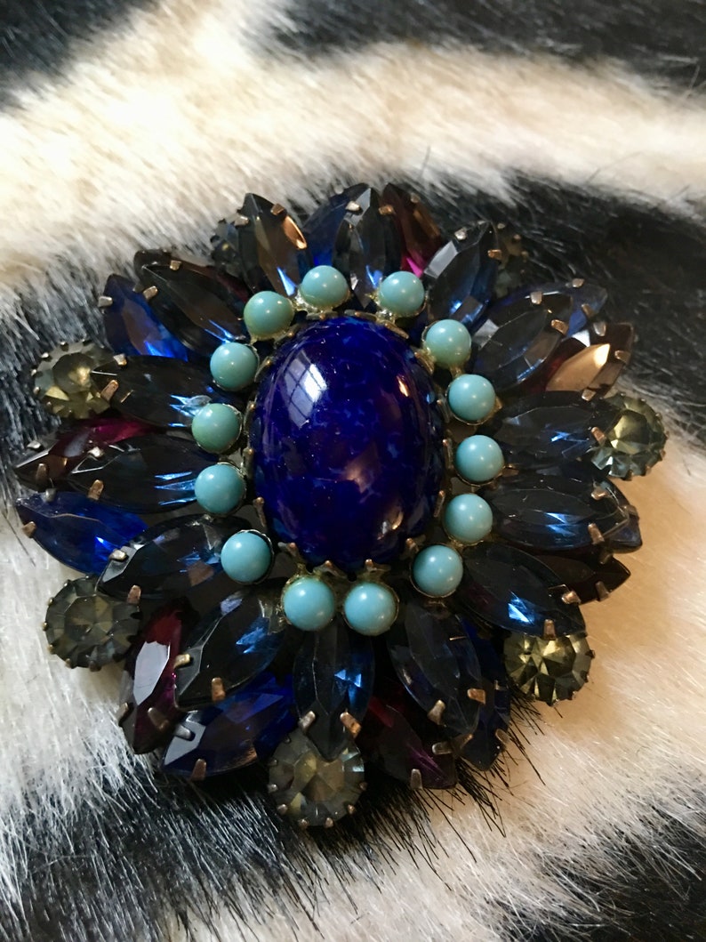 Signed ALICE CAVINESS Designer Purple and Blue Rhinestone Glass Gems /& Faux Lapis with Turquoise Cabochon Vintage Brooch Pin