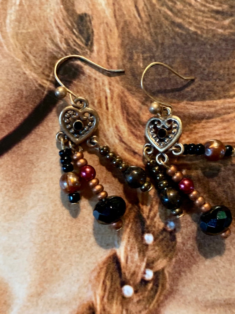 Bronzy Boho Gypsy Beaded Heart Dangle Earrings