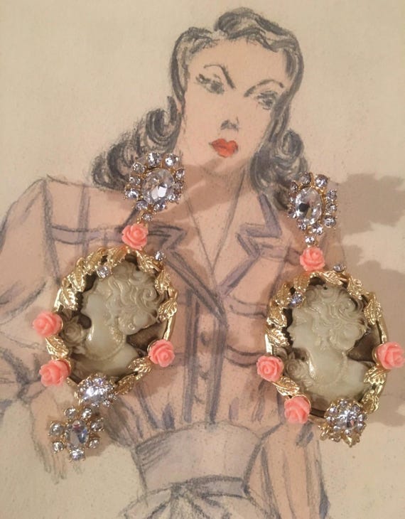 Exquisite Big Baroque Glam Cameo Dangle Earrings~
