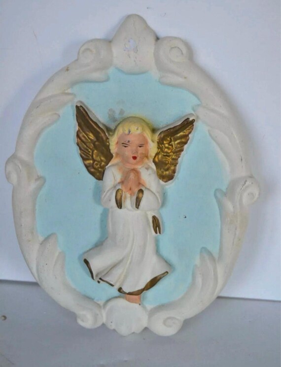 Chalkware Angel Plaque, Trending Vintage Religious Plaster Wall Art