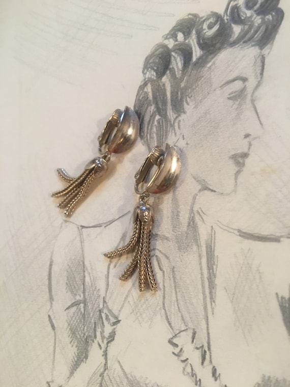 Swingy Golden Chain Tassel Dangle Clip on Statement Earrings, Earring Mid Century