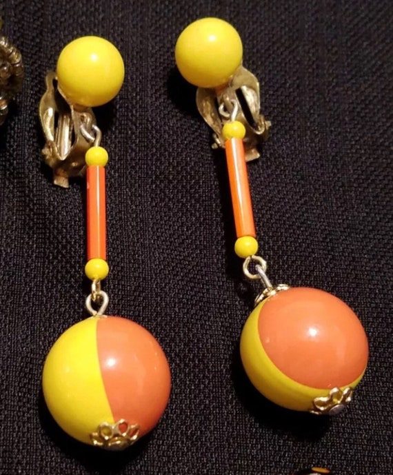Two Tone Yellow & Orange Mid Century Modern Atomic Era Japanese Celuloid beaded Dangle Clip on Earrings