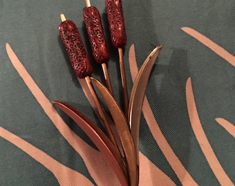 Mid Century Cattails Brooch Pin, Vintage Lapel Pin
