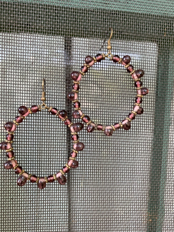 Amethyst Glass Beaded Purple Hoops, Boho Gypsy Glam Vintage Statement Earrings