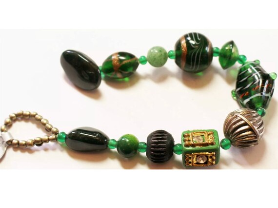 Vintage Emerald Green Art Glass Beaded Bracelet with Toggle Clasp and Gold Accents, Trending Gypsy Boho Glam Bohemian Jewelry