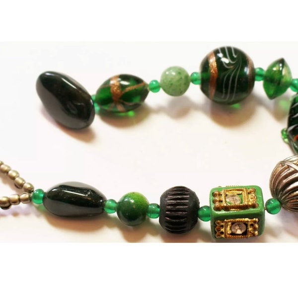 Vintage Emerald Green Art Glass Beaded Bracelet with Toggle Clasp and Gold Accents, Trending Gypsy Boho Glam Bohemian Jewelry