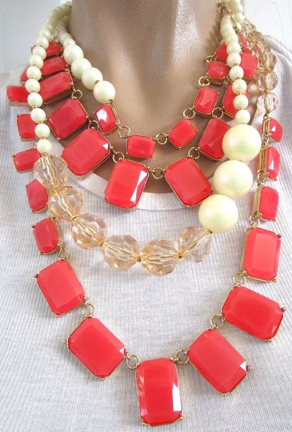 Chunky Pinkish Red Lucite Multistrand Statement Ne