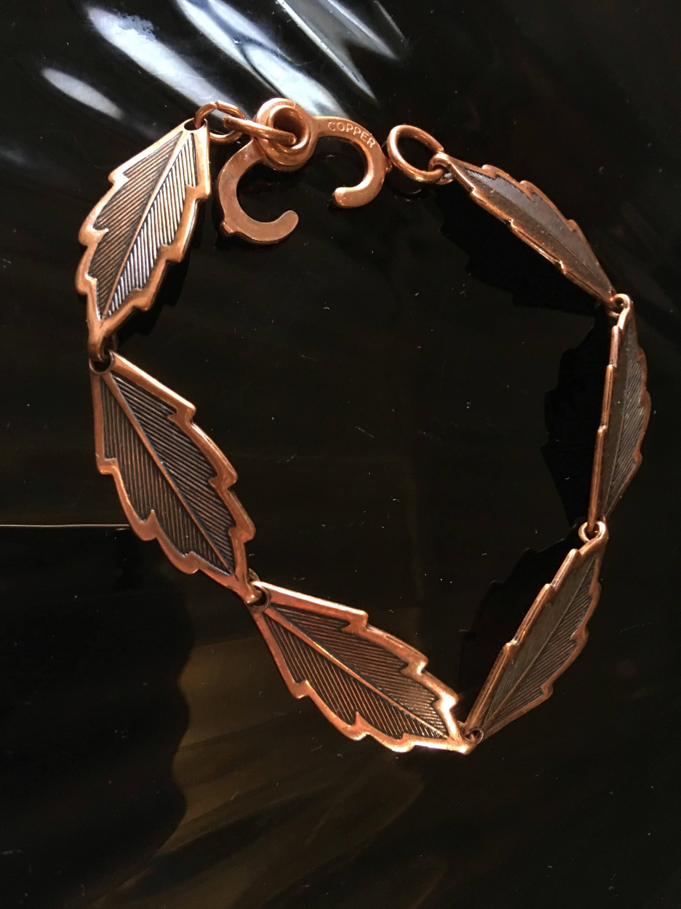 Mid Century Vintage Solid Copper Leaf Link Bracelet With Neat Clasp