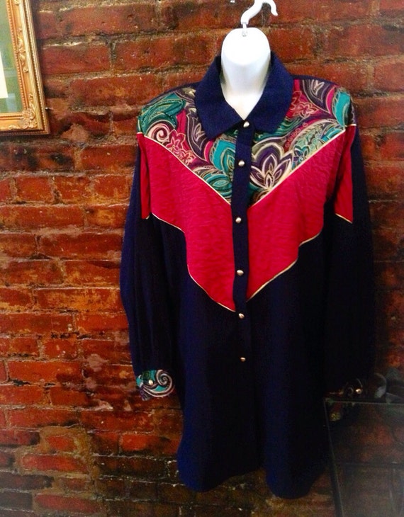 Rockabilly 80's oversized shirt long blouse, glitzy & boldly stylish colorblocked glitzy western shirt, vintage glamour dressing