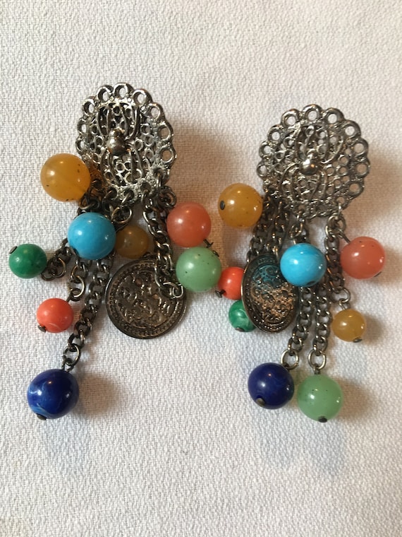 80s Boho Gypsy Spider Web filigree & Rainbow Beaded Coin Statement Earrings