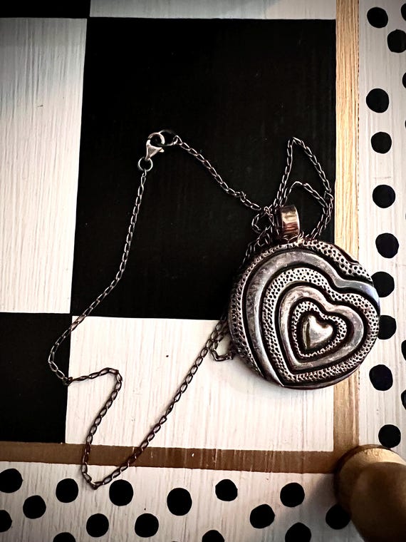 Vintage 925 Mexico Silver Artisan Heart Disk Necklace Modernist Bohemian Puffy Statement Jewelry