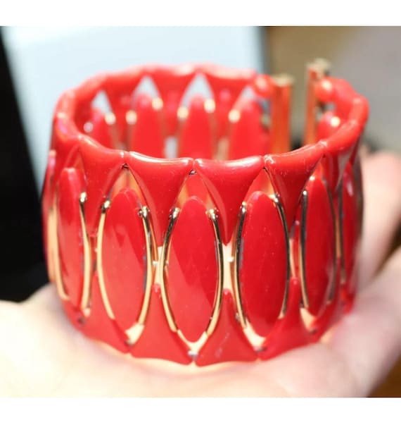 Vintage signed Western Germany mid Century Modernist Red Lucite & Goldtone Cuff Bracelet