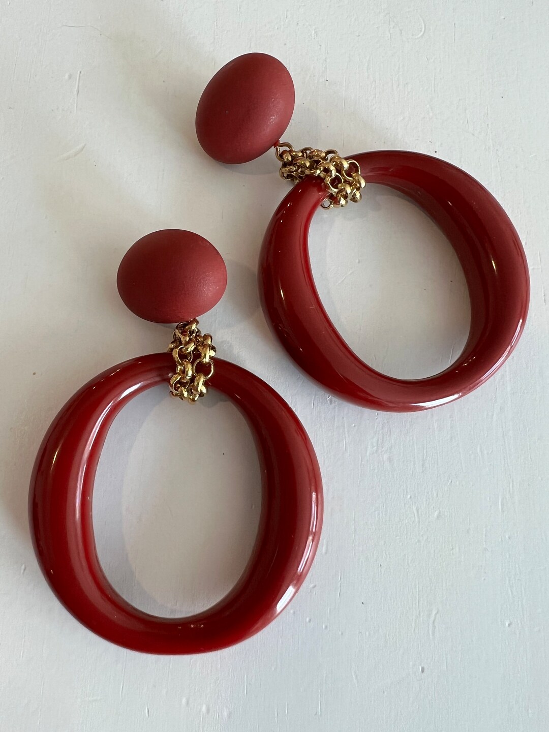 Huge Brick Red Hoops With Goldtone Chain Statement Earrings, Stylish