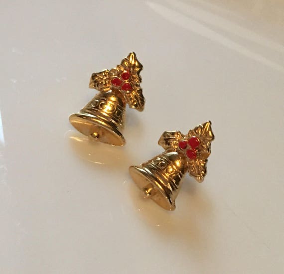 Christmas Holiday Bell Stud Earrings with red Holly Berries, Secret Santa Gift, Office Holiday Party Bling