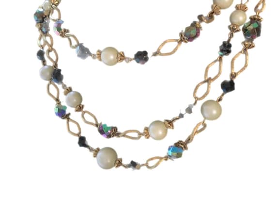 Vintage Golden Chains with Jet & Faux Pearl Beads Multi Strand Statement Necklace, Elegant Choker