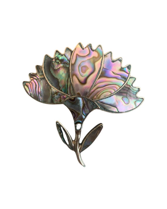 Abalone Flower Pin Vintage Brooch, Shell in Silver, signed Mexico, Mid Century Modern Lily, Thistle or Artichoke, Unisex Lapel Pin