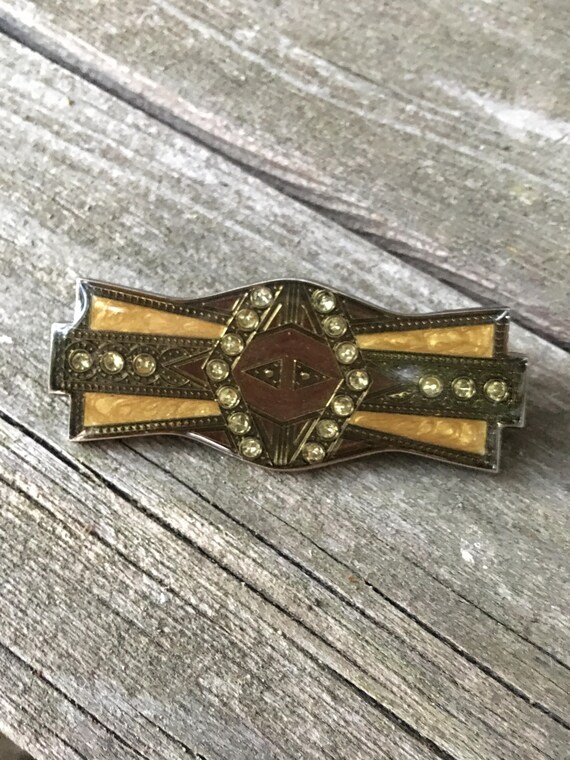 Gorgeous 1980's Art Deco Reproduction Enamel on Copper Bar Pin in Goldenrod Black and Bronze with Ice Rhinestones motif Enamel Pin