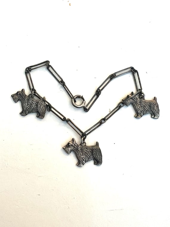 Vintage Sterling Scottie Dog Charm Bracelet, Antique Nibless Clasp 1930s, Youth or small wrist, Rare gift for Dog lover canine collector