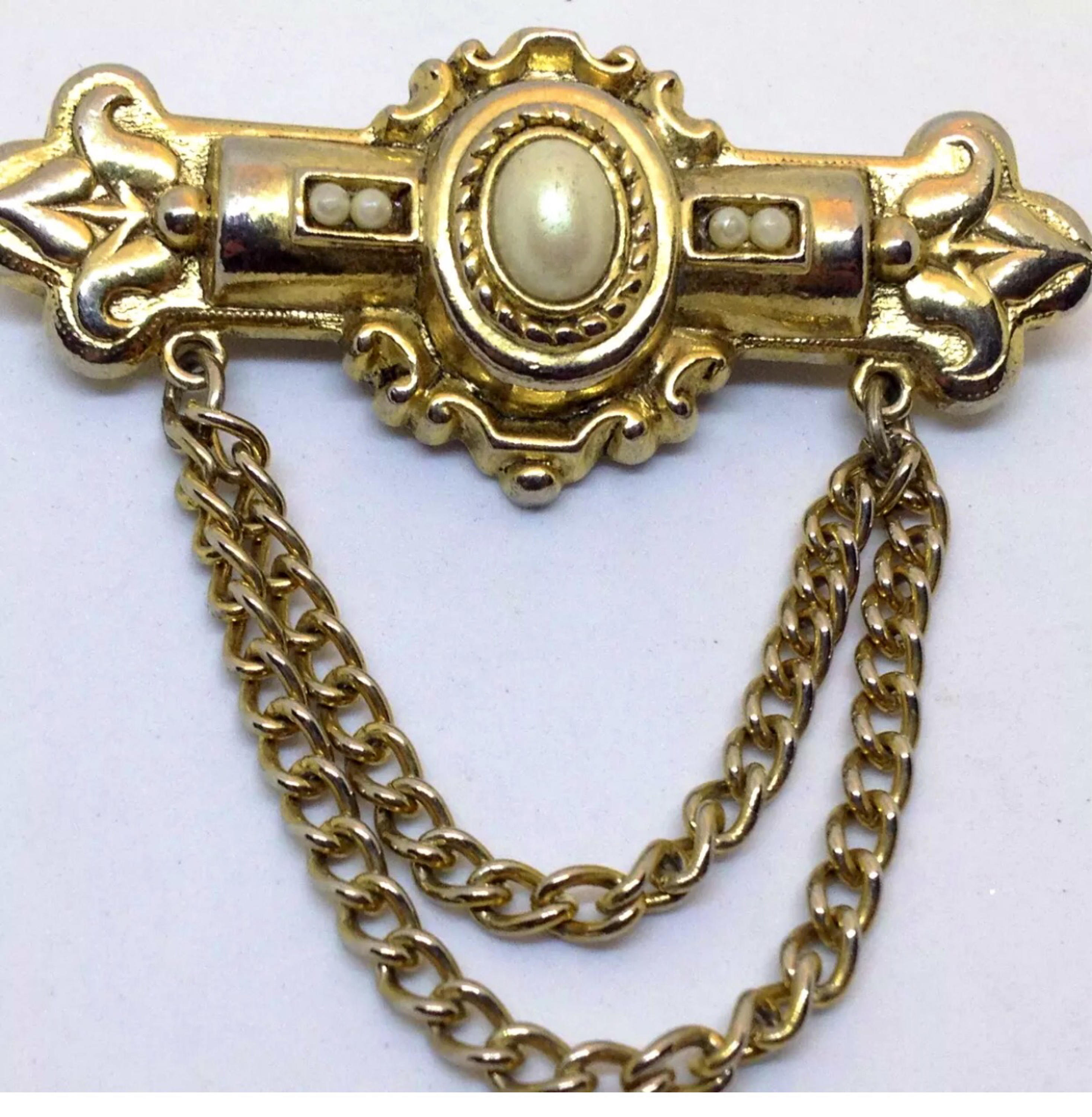 Vintage Goldtone Bar Pin Brooch with Draping Chains & Faux Etsy