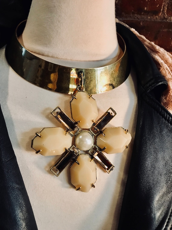 Massive Modernist Cross Pendant Rhinestones & Pearl Brass Collar Choker Runway Necklace Material Girl Gothic Cross Choker Trending Fashion