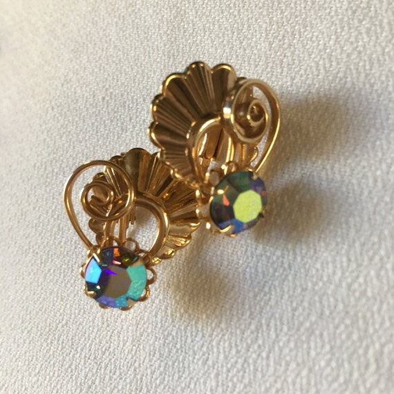 Mermaid Blue Art Deco Vintage Earrings, Aqua Iridescent AB Crystal Screw Backs  with Golden Scalloped Fan Fair & Swirls, Make a splash!