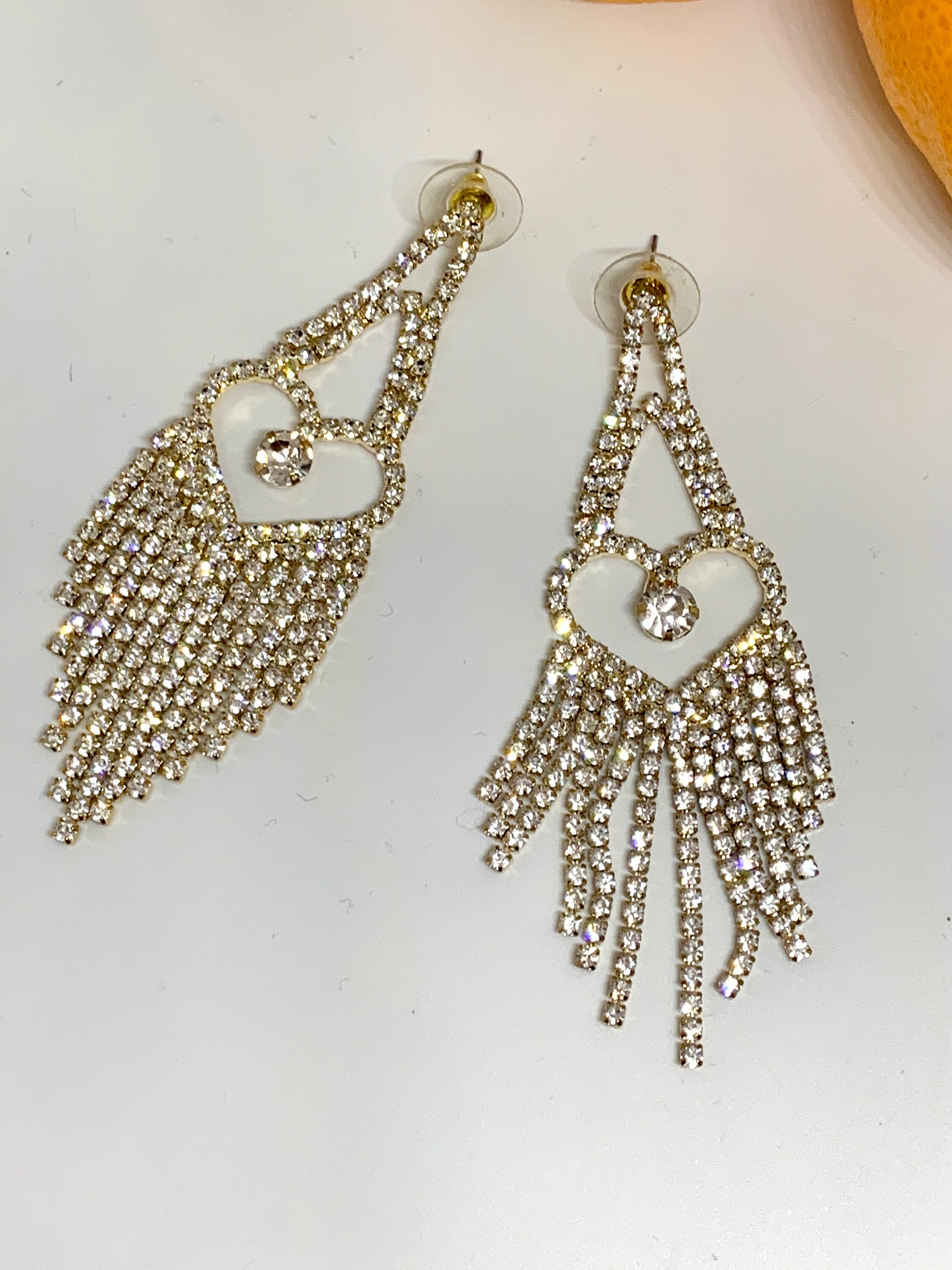 Sparkly Ice Rhinestone Heart Fringed Chandelier Dangle Statement Earrings, 90s glamour jewelry