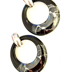 80s Black Hoop Statement Earrings, Silver Splatter Art, Interchangeable Latch
