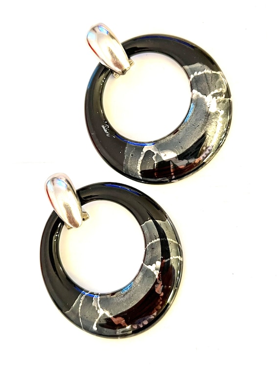 80s Black Hoops with Silver Splatter Art and interchangeable Silver Latch backs, Ceramic Porcelain or Art glass Statement Earrings