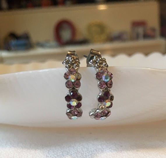 Dainty Daisy Earrings,  Amethyst Lavender Purple & Ice Rhinestone Flowers demi Hoop Earrings with Post Backs