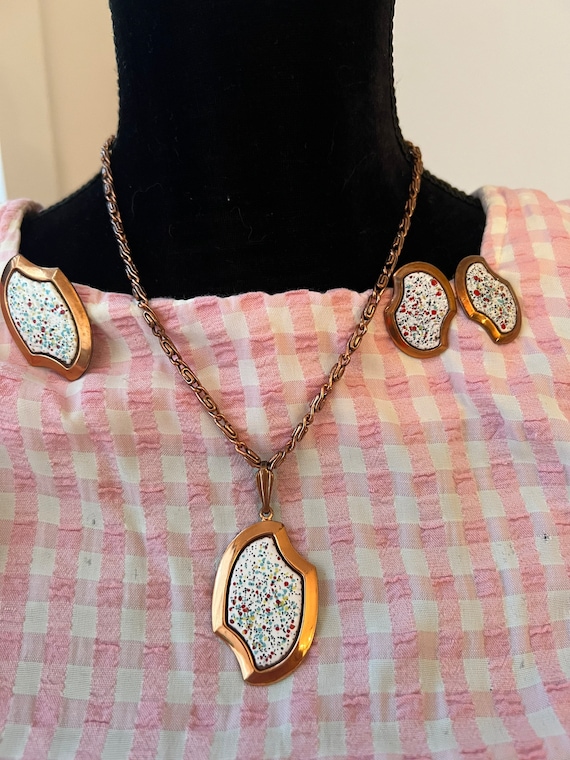 Mid Century Speckled Enamel Copper Jewelry Set, A… - image 10