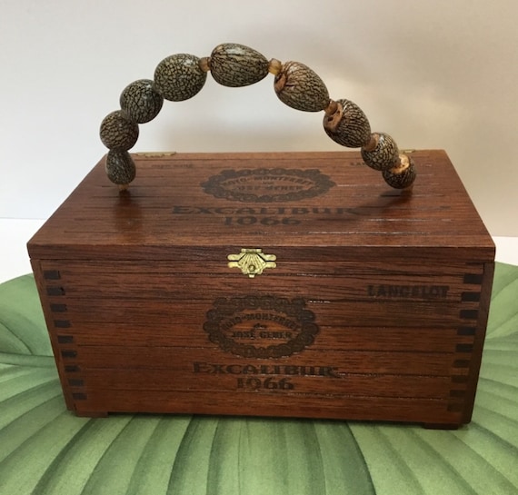 Vintage Wooden Cigar Box Purse Handbag Tote Carrier or decorative storage