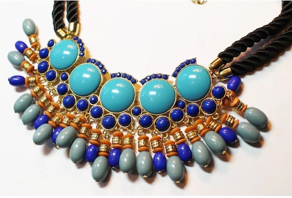 Awesome 80s Southwestern Glamour Jewelry Beaded Statement Necklace on Black Cord, Vintage Boho Choker