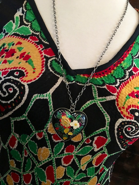 Elegantly romantic Cloisonné flowered puff heart … - image 4