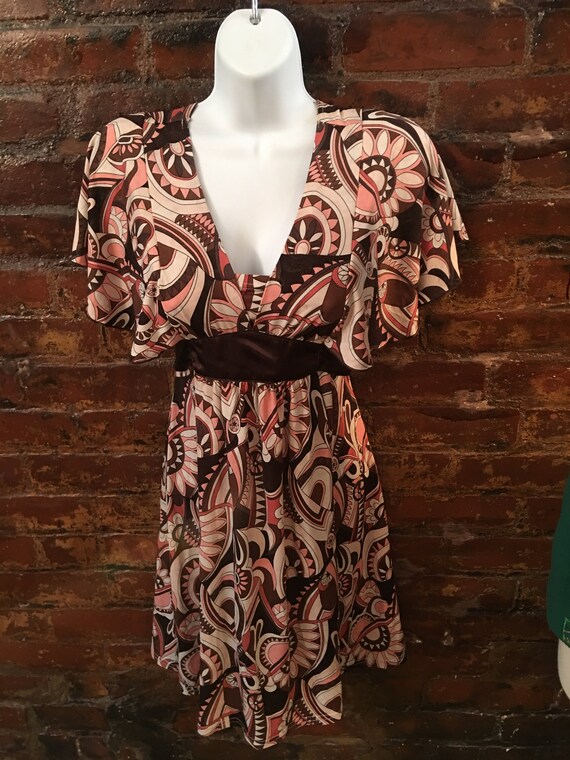 Butterfly Sleeve Disco Dress, Salsa Latin vibe Abstract Print, 70s Scarface Cinematic Style, Petite 0-2, ex small by Emily West