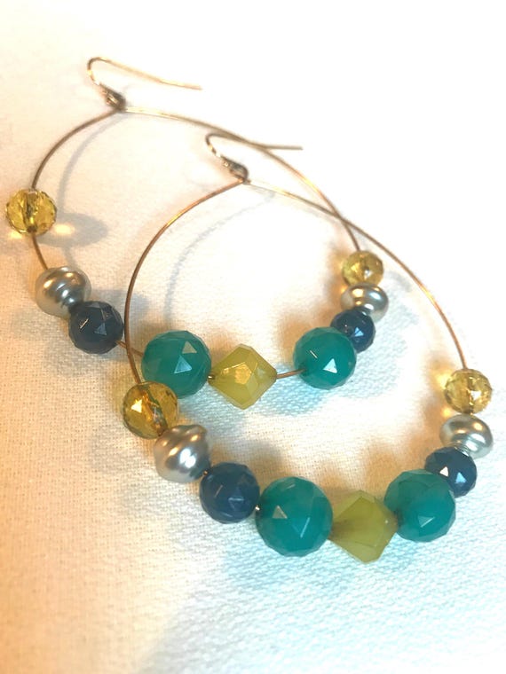 Boho Gypsy Glam Beaded Hoops, Blue Green & Silver Beaded dangle Hoop Statement Earrings, 90s dance club bling