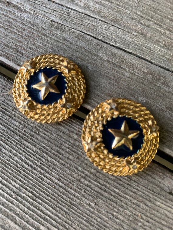 Vintage Nautical Gold Star & Dark Navy Blue Enamel Statement Earrings, Classic 80s Glamour Jewelry