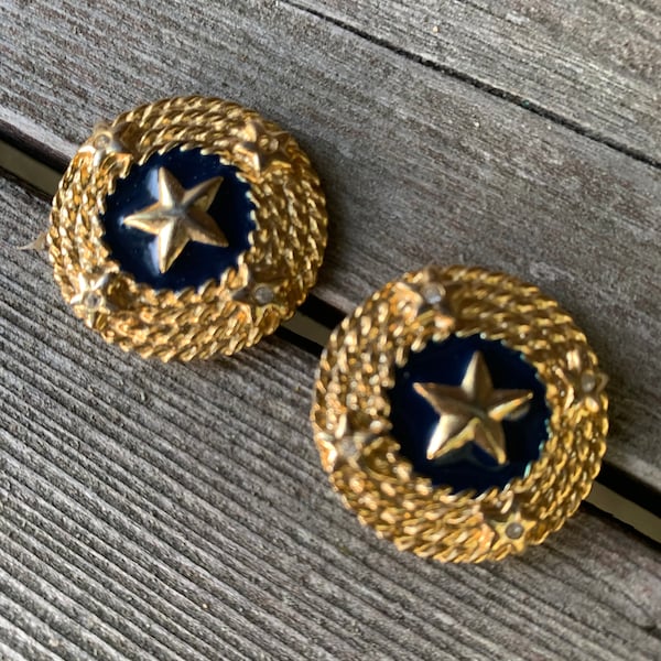 Vintage Nautical Gold Star & Dark Navy Blue Enamel Statement Earrings, Classic 80s Glamour Jewelry