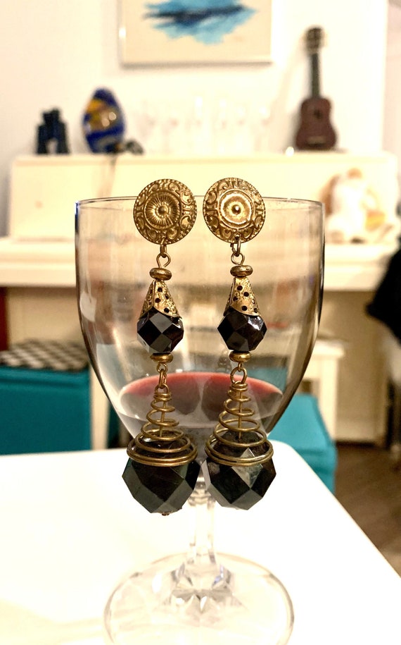 Gothic Boho Gypsy Black Dangles,Ornate Etruscan Brassy Goldtone with Spiraling Black Gem like Beads, 80s 90s Glam Tribal Statement Earrings