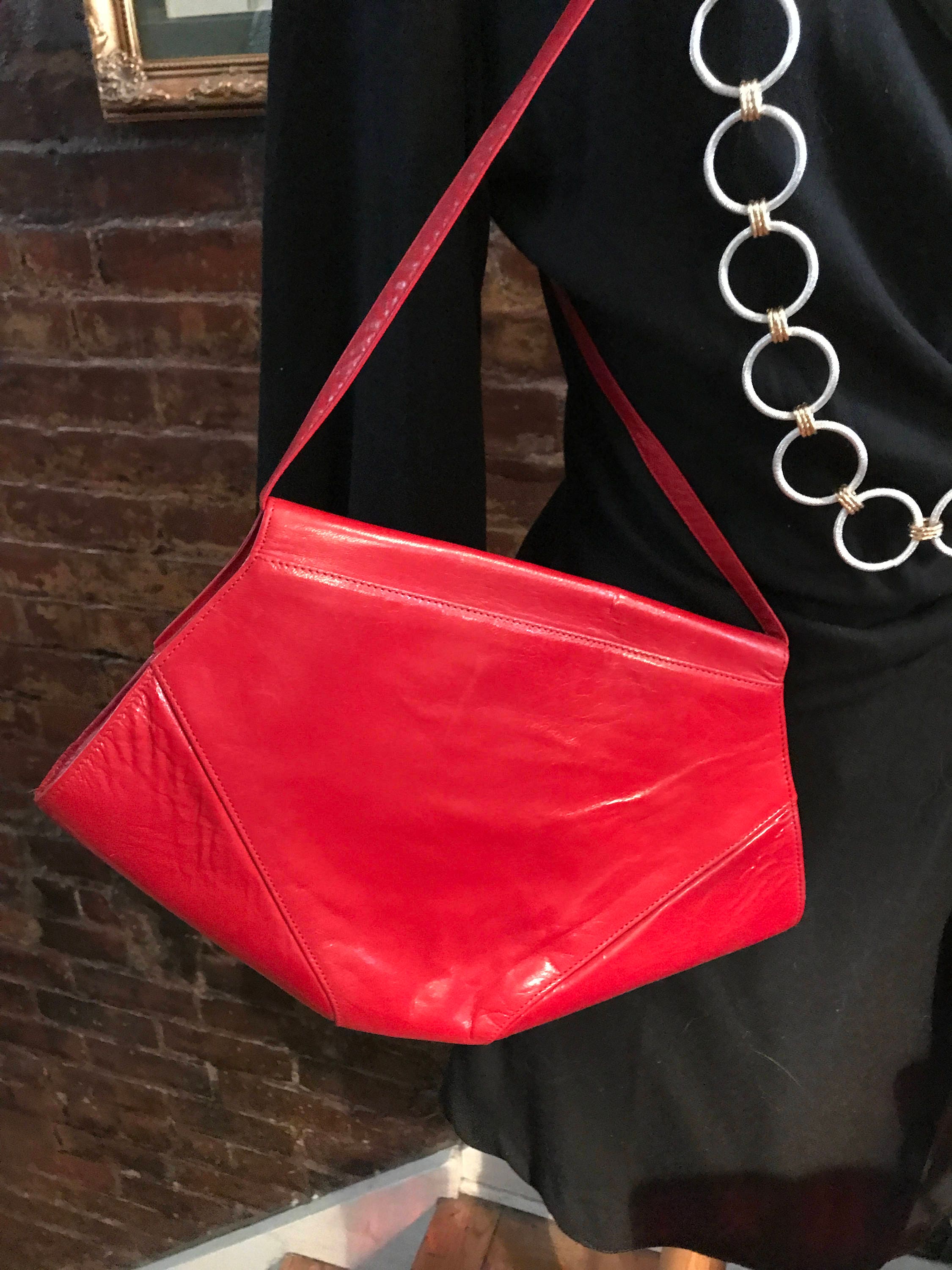 Lovely Vintage Charles Jourdan Red Leather Purse Shoulder Bag Crossbody