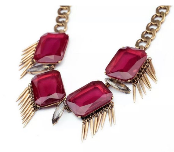 Decedent Gothic Statement Necklace, Huge Cranberry Red Lucite Gems with Bronze Tone Dangling Sphere, Y2K late 90s Glamour Grunge