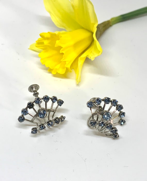 Sky Blue Art Deco Fanning Crown Bouquet like Screw Back Statement Earrings, Hollywood Regency Sparkling Cocktail Party Glamour jewelry