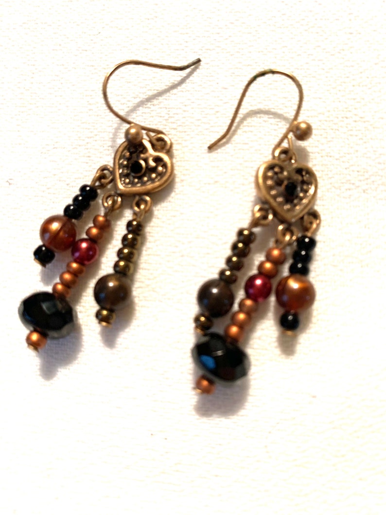 Bronzy Boho Gypsy Beaded Heart Dangle Earrings