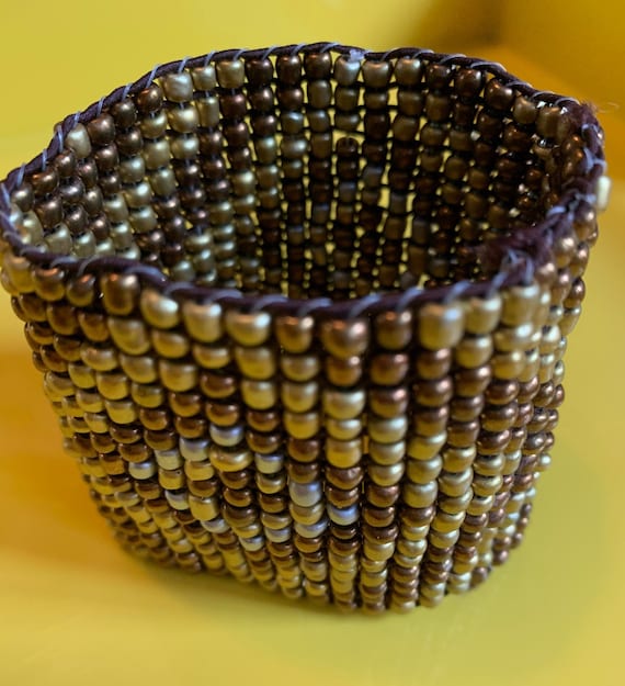 Bronze Beaded Bracelet, Vintage Handmade Chevron Design Elasticized Bracelet