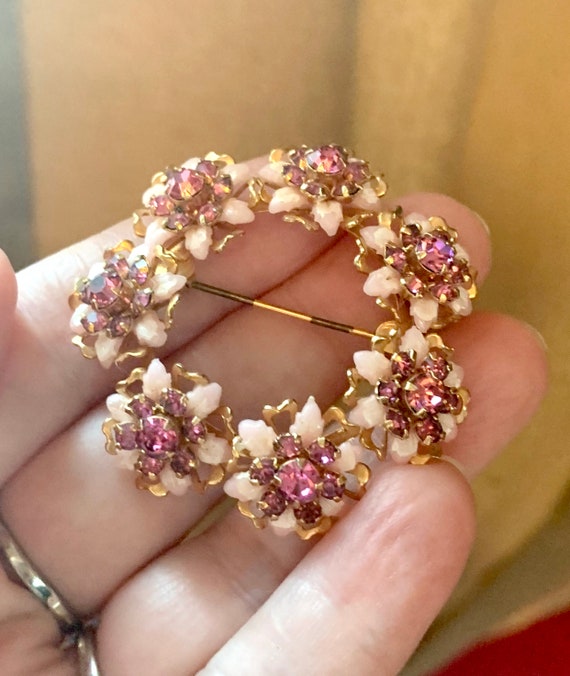 Vintage Pink Rhinestones Floral Pastel & Goltone … - image 7